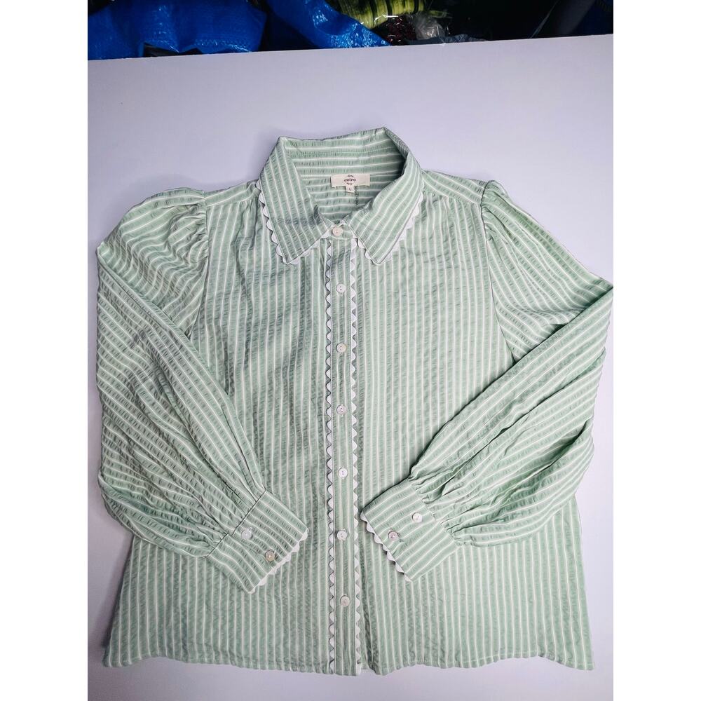Entro sage green striped blouse L scalloped collar button front cotton blend - Picture 10 of 15
